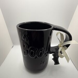 RARE Rae Dunn Halloween Mug – All Black Embossed “BOO” – Ceramic – HTF